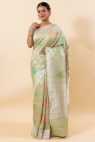 Light Pista Green Pure Tussar Silk Embroidered Saree Set by Taba Kashi By Artika Shah