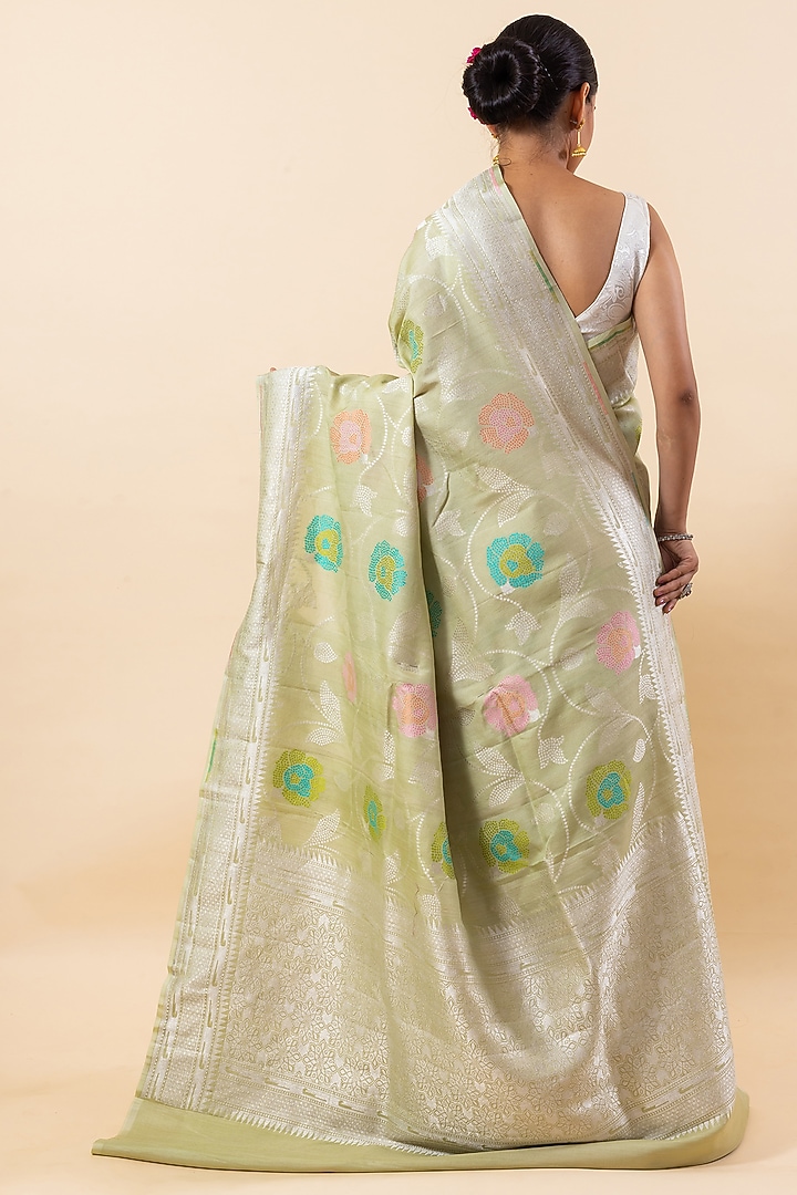 Light Pista Green Pure Tussar Silk Embroidered Wedding Saree Set by Taba Kashi By Artika Shah at Pernia's Pop Up Shop
