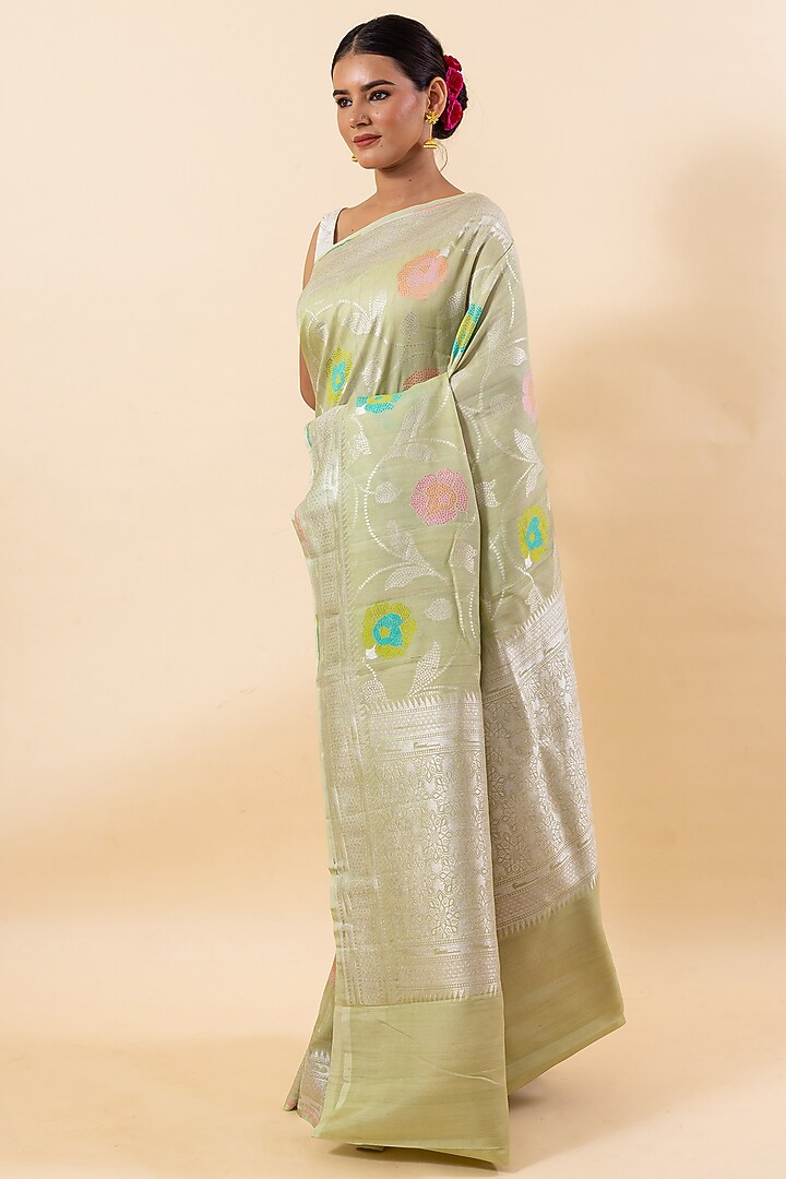 Light Pista Green Pure Tussar Silk Embroidered Wedding Saree Set by Taba Kashi By Artika Shah at Pernia's Pop Up Shop