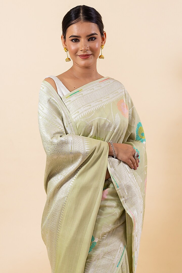 Light Pista Green Pure Tussar Silk Embroidered Wedding Saree Set by Taba Kashi By Artika Shah at Pernia's Pop Up Shop
