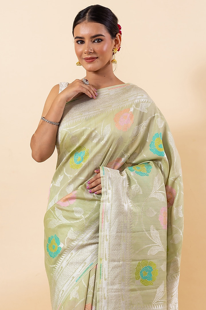 Light Pista Green Pure Tussar Silk Embroidered Wedding Saree Set by Taba Kashi By Artika Shah at Pernia's Pop Up Shop