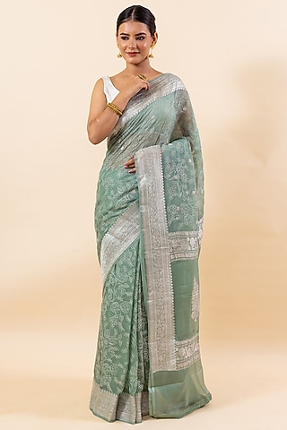Algae Green Chiffon Embroidered Saree Set by Taba Kashi By Artika Shah