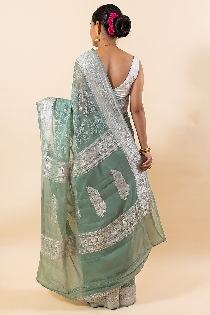 Algae Green Chiffon Embroidered Party Wear Saree Set by Taba Kashi By Artika Shah at Pernia's Pop Up Shop