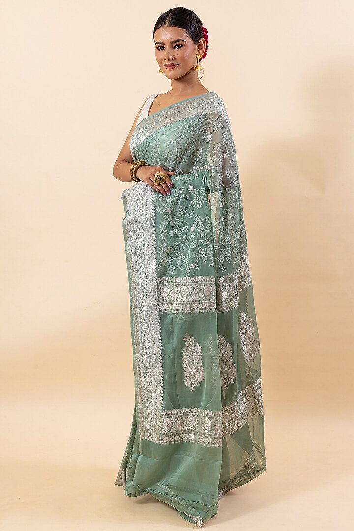 Algae Green Chiffon Embroidered Party Wear Saree Set by Taba Kashi By Artika Shah at Pernia's Pop Up Shop