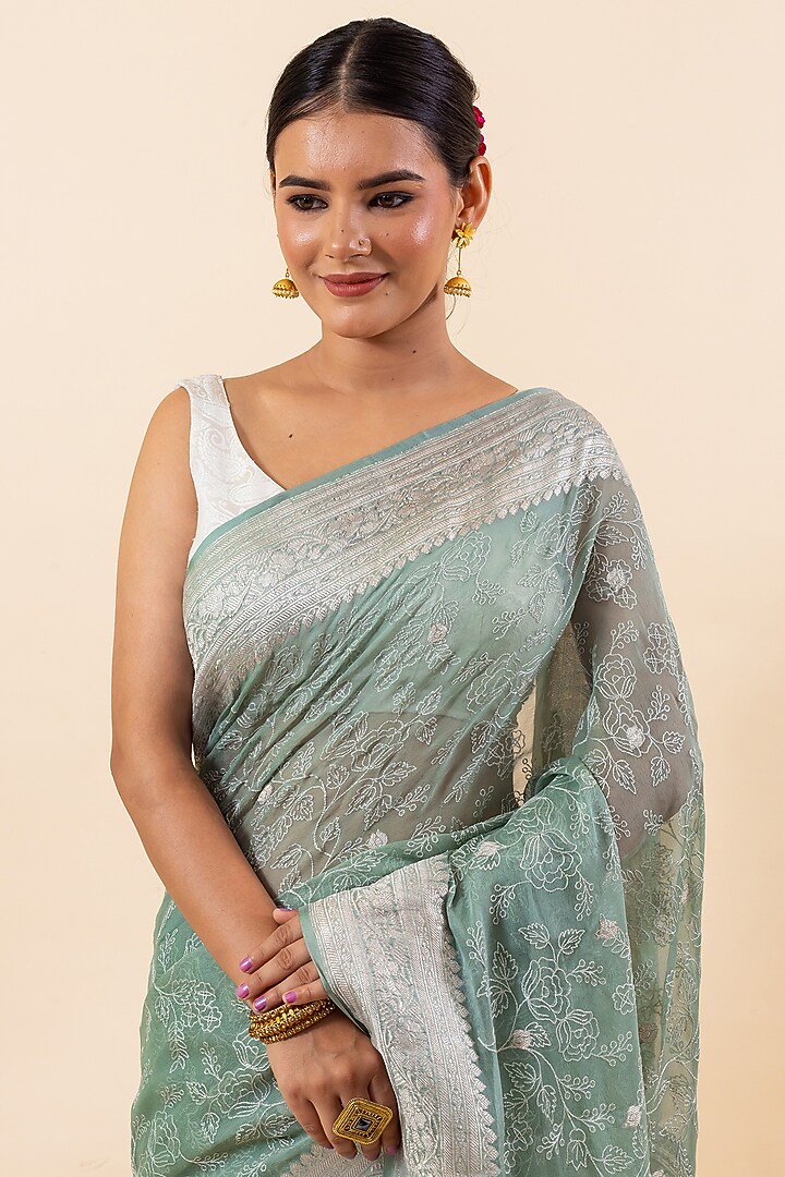 Algae Green Chiffon Embroidered Party Wear Saree Set by Taba Kashi By Artika Shah at Pernia's Pop Up Shop
