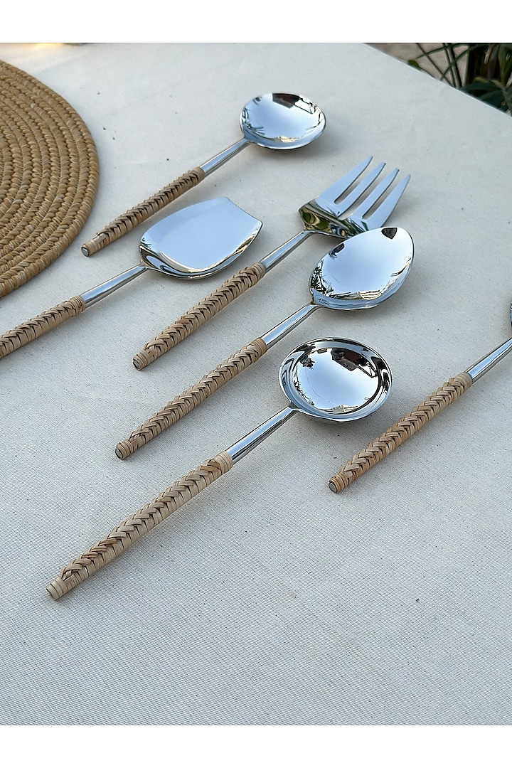 Silver Stainless steel & Rattan Spoons (Set Of 6) by Table Manners