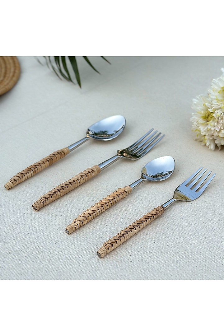 Silver Stainless steel & Rattan Cutlery Set (Set Of 4) by Table Manners at Pernia's Pop Up Shop