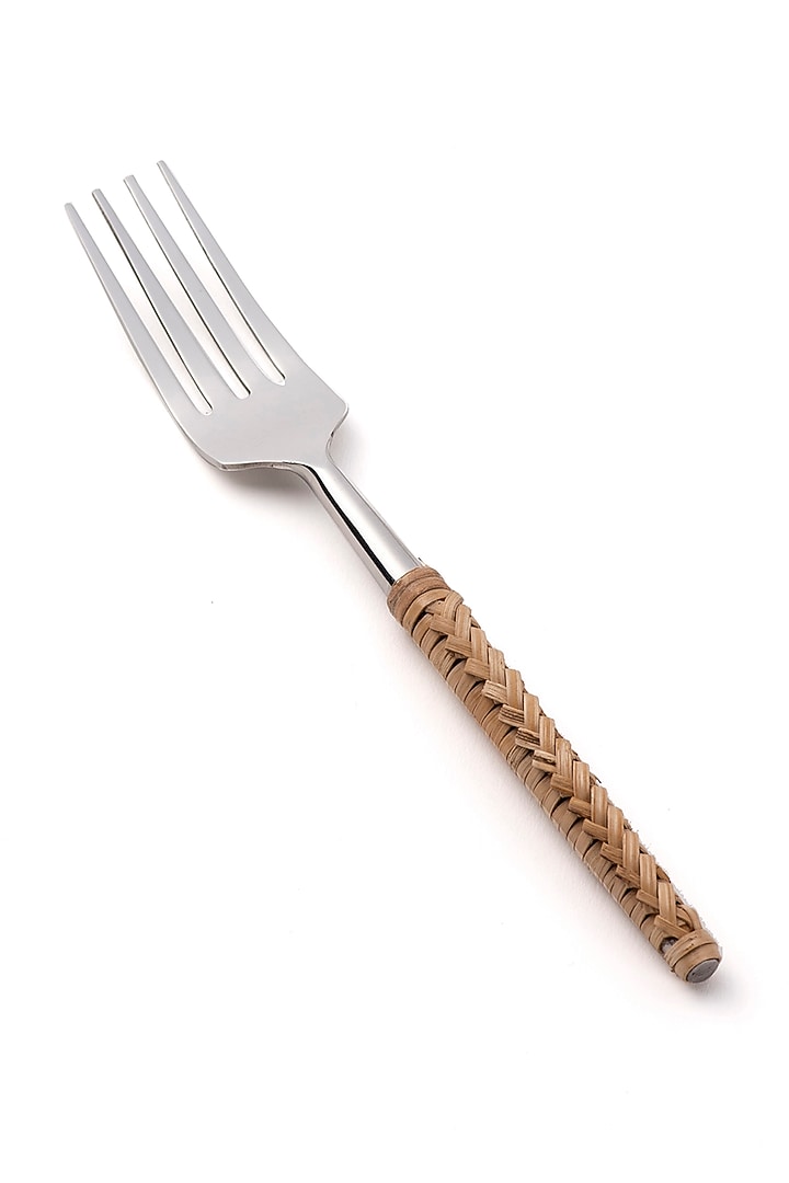 Silver Stainless steel & Rattan Cutlery Set (Set Of 4) by Table Manners at Pernia's Pop Up Shop