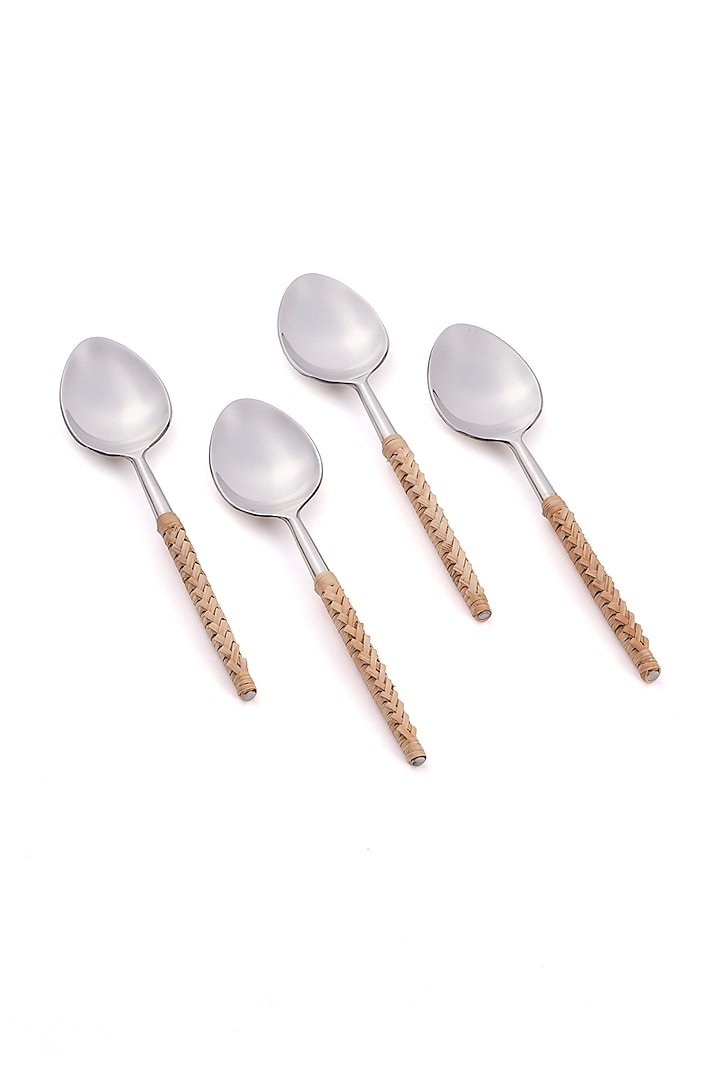 Silver Stainless steel & Rattan Spoons (Set Of 4) by Table Manners