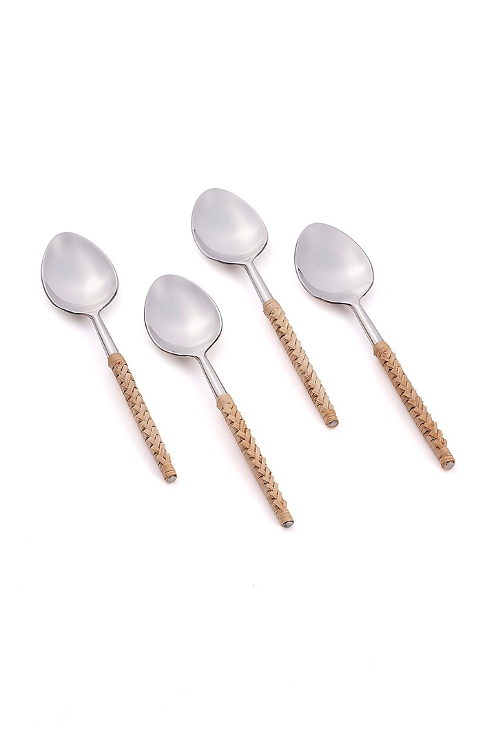 Silver Stainless steel & Rattan Spoons (Set Of 4) by Table Manners at Pernia's Pop Up Shop