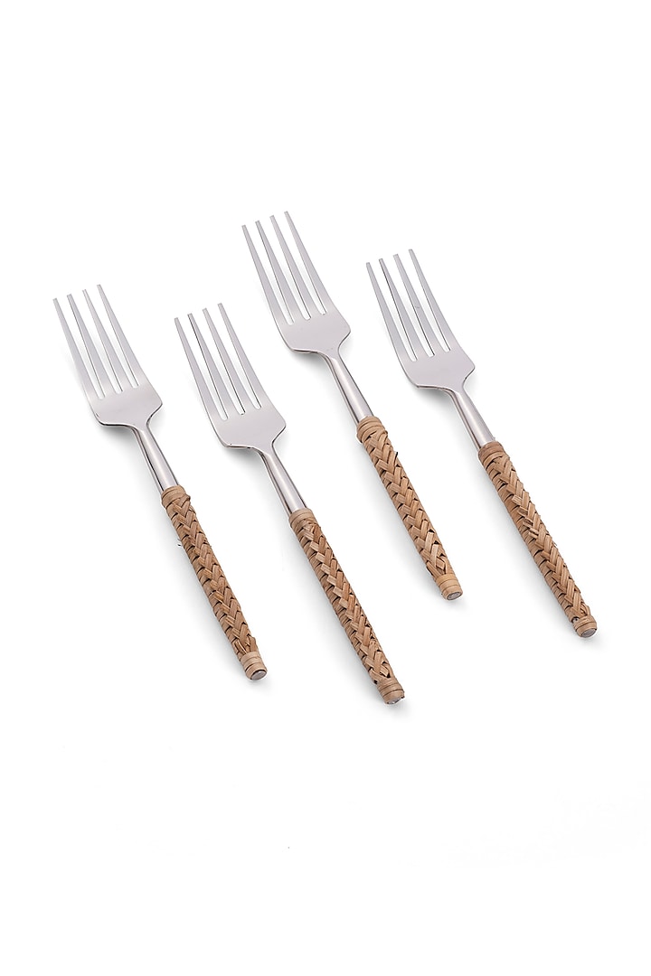 Silver Stainless steel & Rattan Fork (Set Of 4) by Table Manners