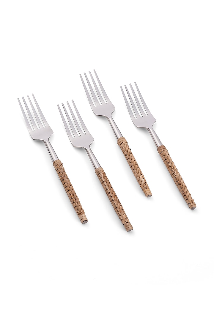 Silver Stainless steel & Rattan Fork (Set Of 4) by Table Manners at Pernia's Pop Up Shop