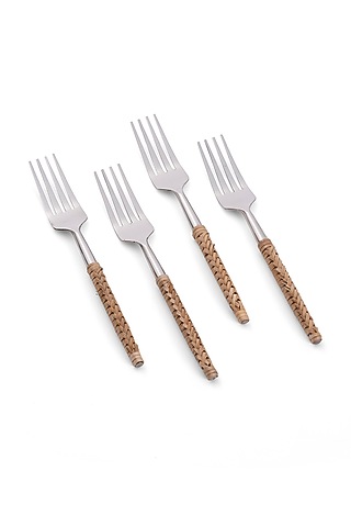 Silver Stainless steel & Rattan Fork (Set Of 4) by Table Manners