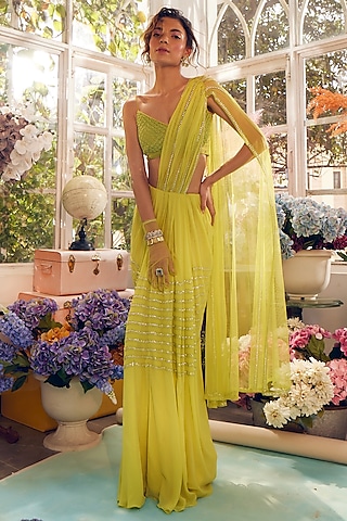 Lime Green Georgette & Net Hand Embellished Saree Set by TABEER INDIA