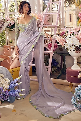 Grey Georgette & Net Hand Embellished Draped Saree Set by TABEER INDIA