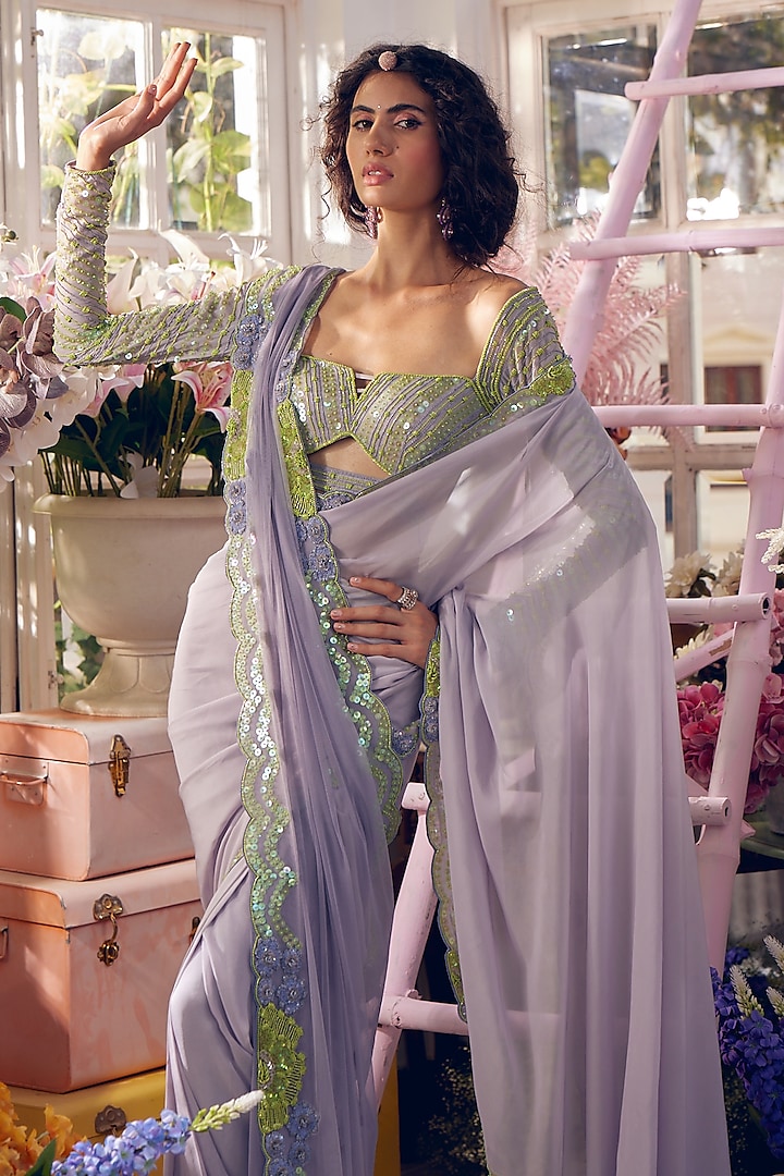 Grey Georgette & Net Hand Embellished Draped Wedding Saree Set by TABEER INDIA at Pernia's Pop Up Shop