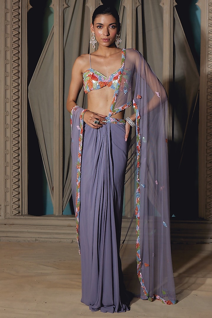 Slate Grey Georgette & Net Hand Embellished Draped Saree Set by TABEER INDIA