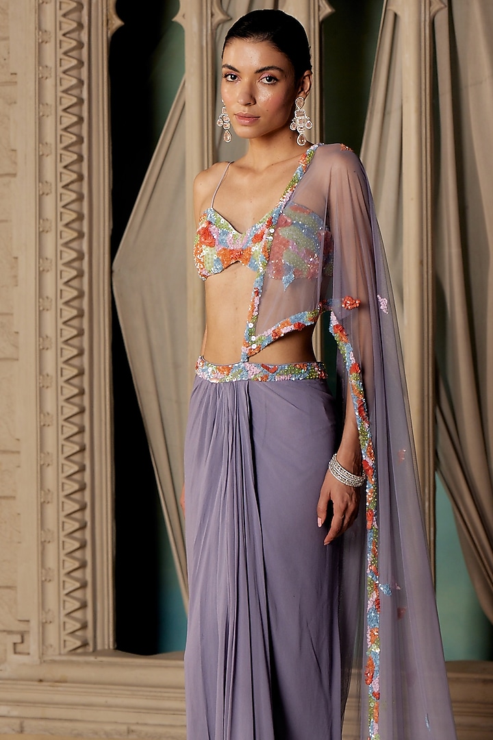 Slate Grey Georgette & Net Hand Embellished Draped Wedding Saree Set by TABEER INDIA at Pernia's Pop Up Shop