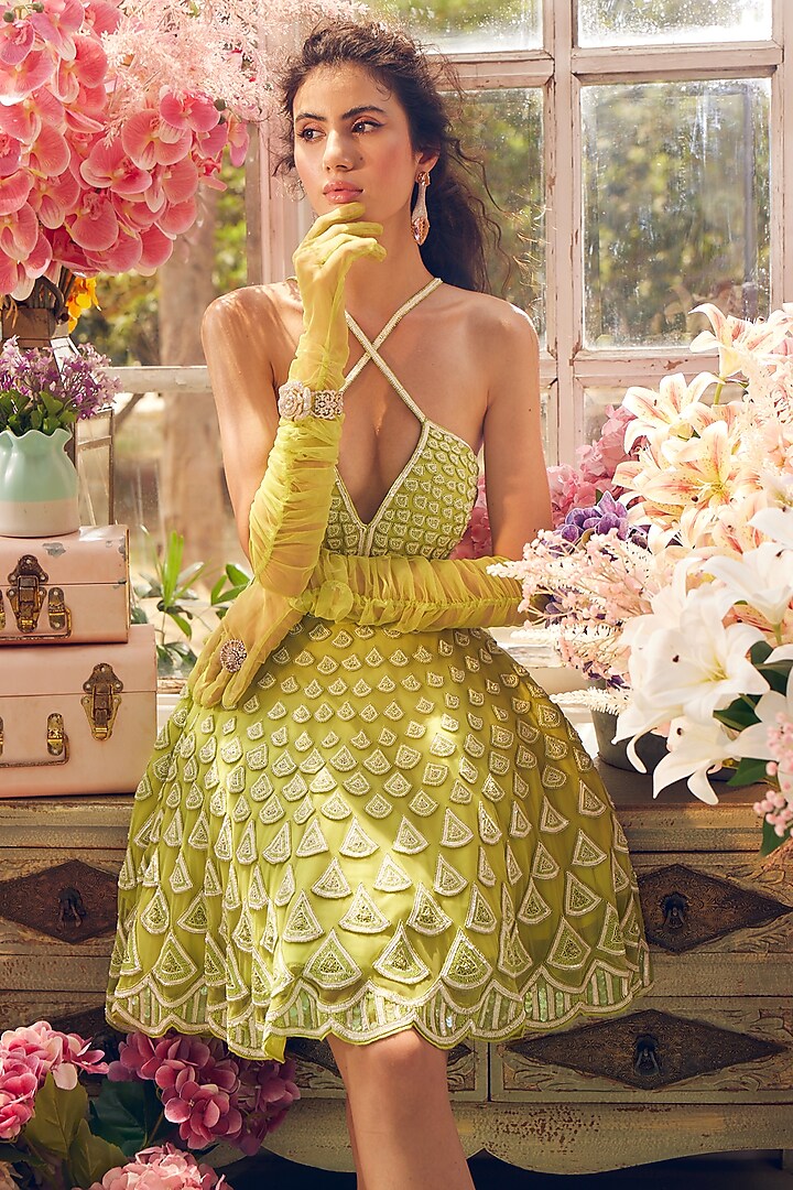 Lime Green Net Hand Embroidered Mini Party Wear Dress by TABEER INDIA at Pernia's Pop Up Shop