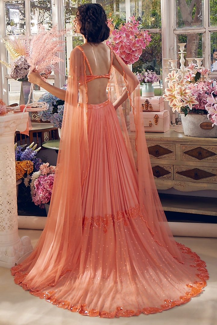 Tangerine Silk Chinon Flared Trail Wedding Lehenga Set by TABEER INDIA at Pernia's Pop Up Shop