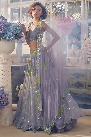 Grey Organza & Net Hand Embellished Lehenga Set by TABEER INDIA