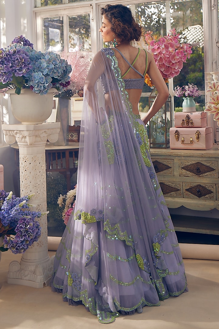 Grey Organza & Net Hand Embellished Wedding Lehenga Set by TABEER INDIA at Pernia's Pop Up Shop