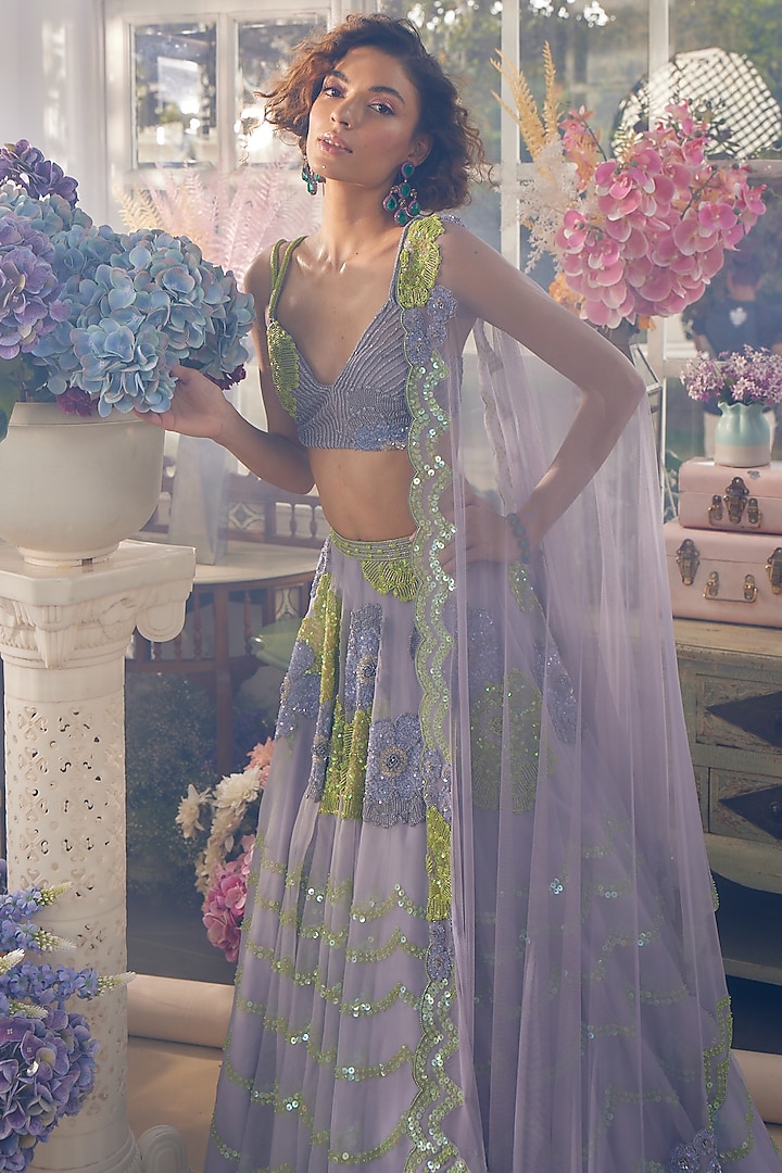 Grey Organza & Net Hand Embellished Wedding Lehenga Set by TABEER INDIA at Pernia's Pop Up Shop