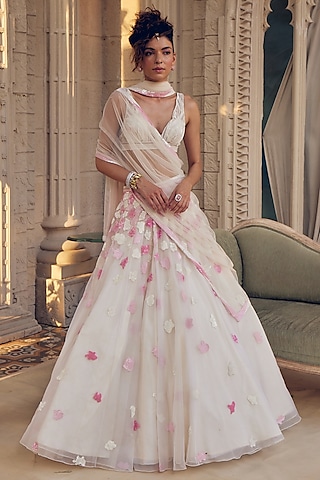 Ivory Organza & Net Cutdana Work Lehenga Set by TABEER INDIA