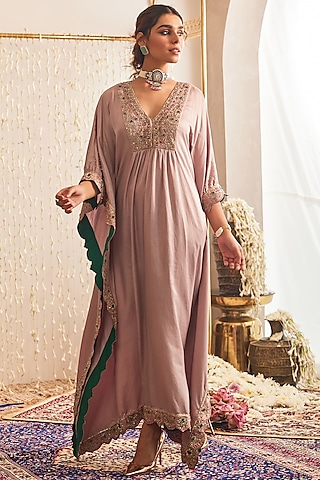 Antique Mauve Satin Silk Dabka Hand Embellished Kaftan Set by TABEER INDIA