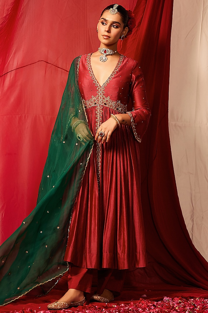 Raspberry Red Chanderi Silk Crystal Hand Embellished Anarkali Set by TABEER INDIA