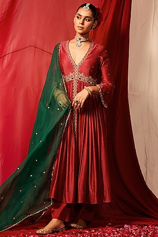 Raspberry Red Chanderi Silk Crystal Hand Embellished Anarkali Set by TABEER INDIA
