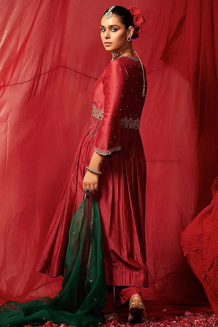 Raspberry Red Chanderi Silk Crystal Hand Embellished Wedding Anarkali Set by TABEER INDIA at Pernia's Pop Up Shop
