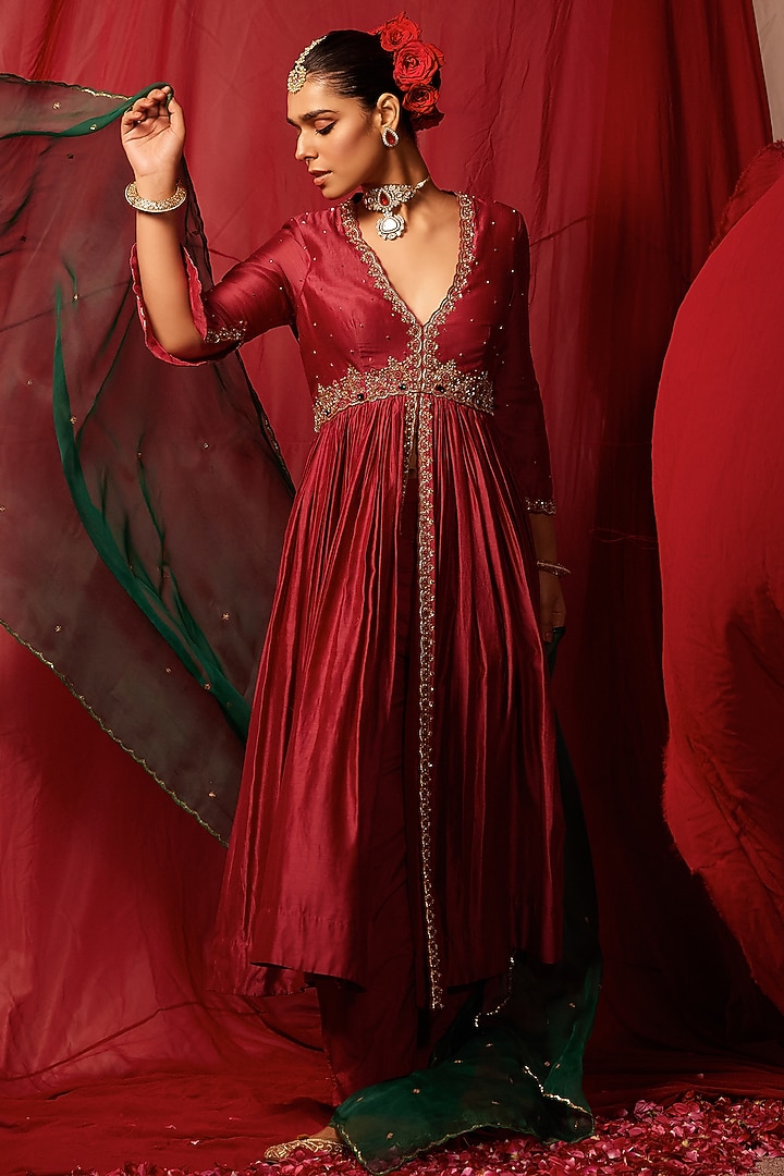 Raspberry Red Chanderi Silk Crystal Hand Embellished Wedding Anarkali Set by TABEER INDIA at Pernia's Pop Up Shop