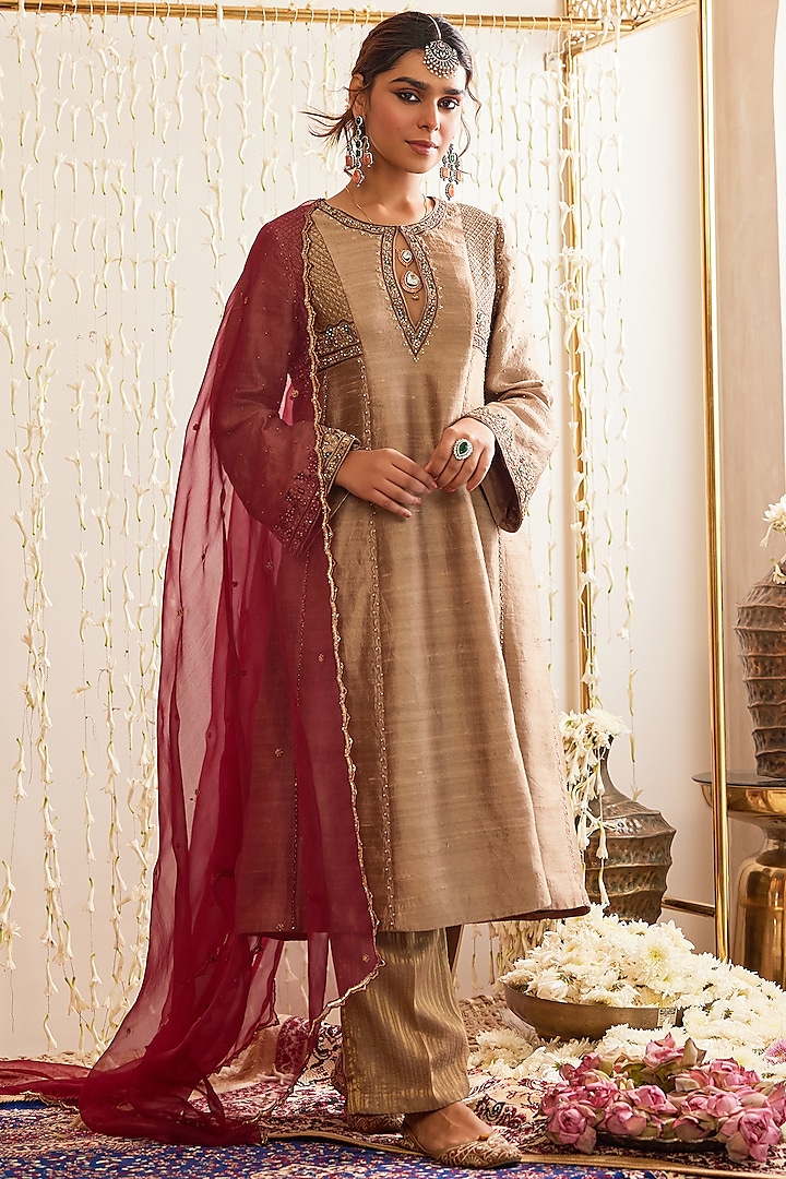 Beige Raw Silk Sequins & Crystal Hand Embellished Kurta Set by TABEER INDIA at Pernia's Pop Up Shop