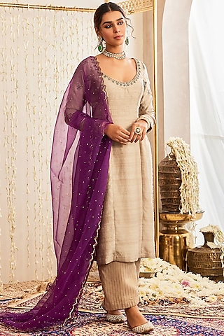 Beige Raw Silk Moti & Crystal Hand Embellished Kurta Set by TABEER INDIA
