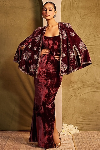 Wine Silk Velvet Sequins & Mirror Embroidered Cape Set by TABEER INDIA