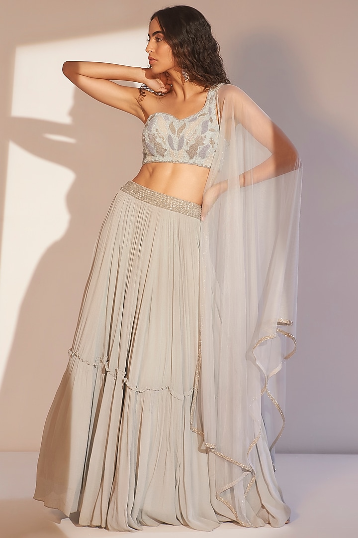 Ice Blue Chinon Hand Embroidered Wedding Lehenga Set by TABEER INDIA at Pernia's Pop Up Shop