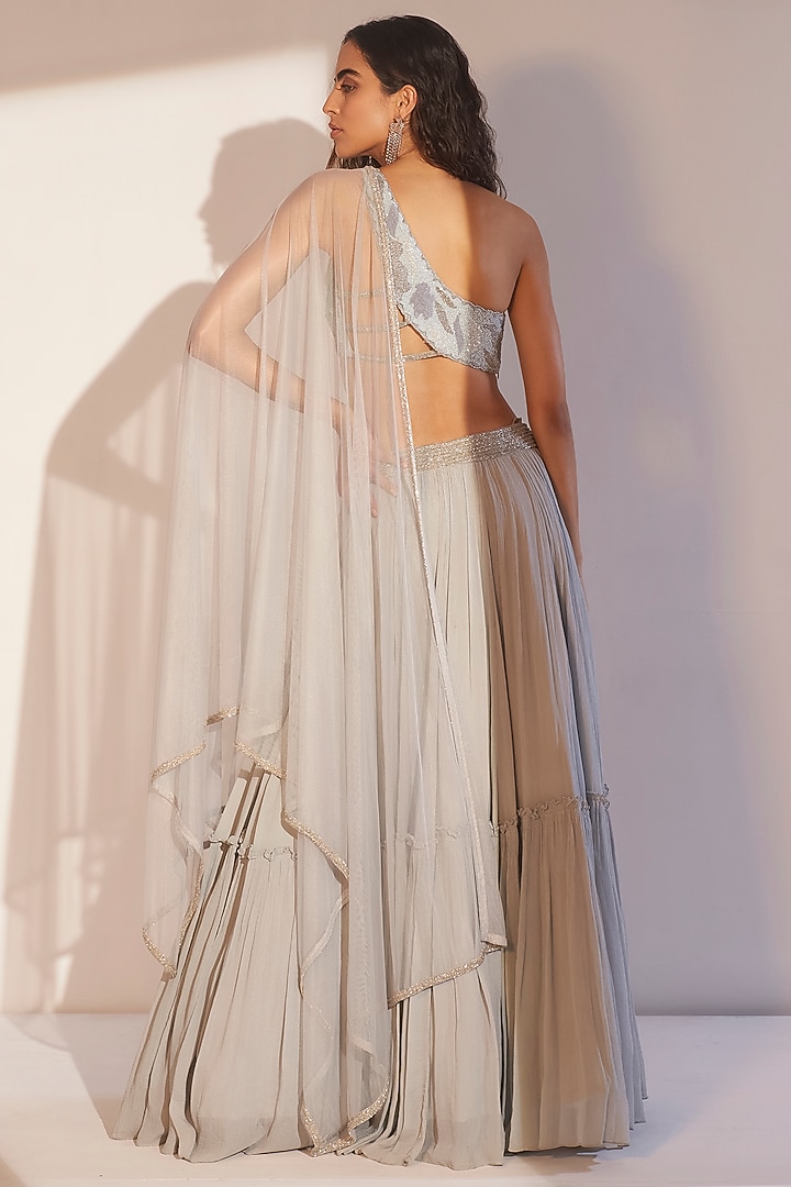 Ice Blue Chinon Hand Embroidered Wedding Lehenga Set by TABEER INDIA at Pernia's Pop Up Shop