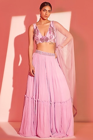 Lilac Chinon Hand Embroidered Lehenga Set by TABEER INDIA