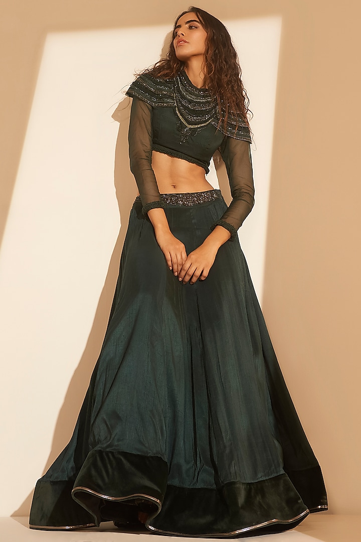 Bottle Green Silk Hand Embroidered Wedding Lehenga Set by TABEER INDIA at Pernia's Pop Up Shop