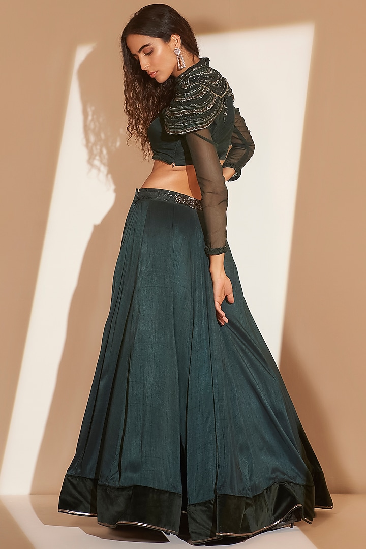 Bottle Green Silk Hand Embroidered Wedding Lehenga Set by TABEER INDIA at Pernia's Pop Up Shop