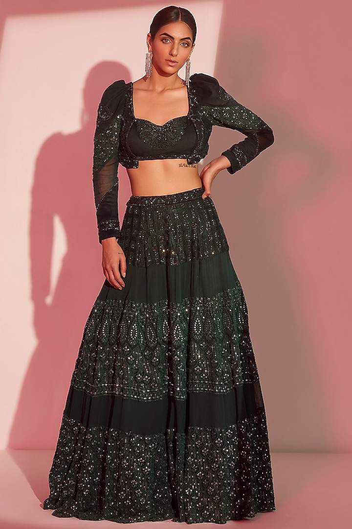 Bottle Green Georgette Hand Embroidered Lehenga Set by TABEER INDIA