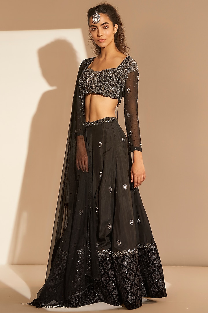 Black Silk Embellished Lehenga Set by TABEER INDIA