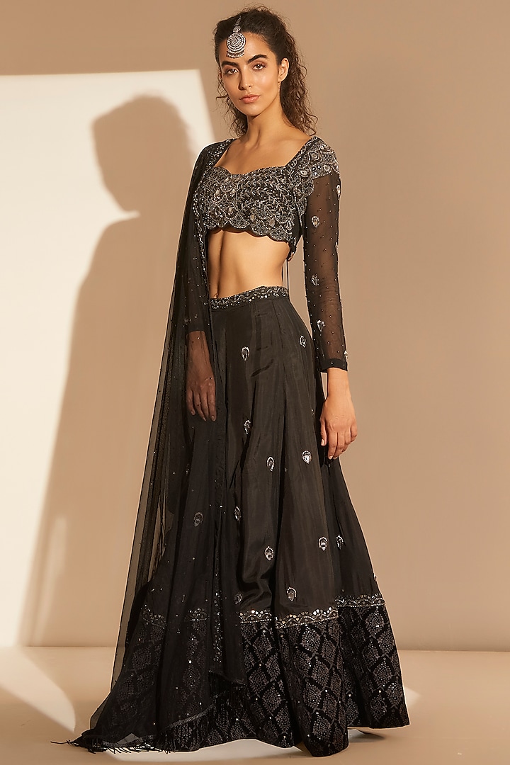 Black Silk Embellished Wedding Lehenga Set by TABEER INDIA at Pernia's Pop Up Shop