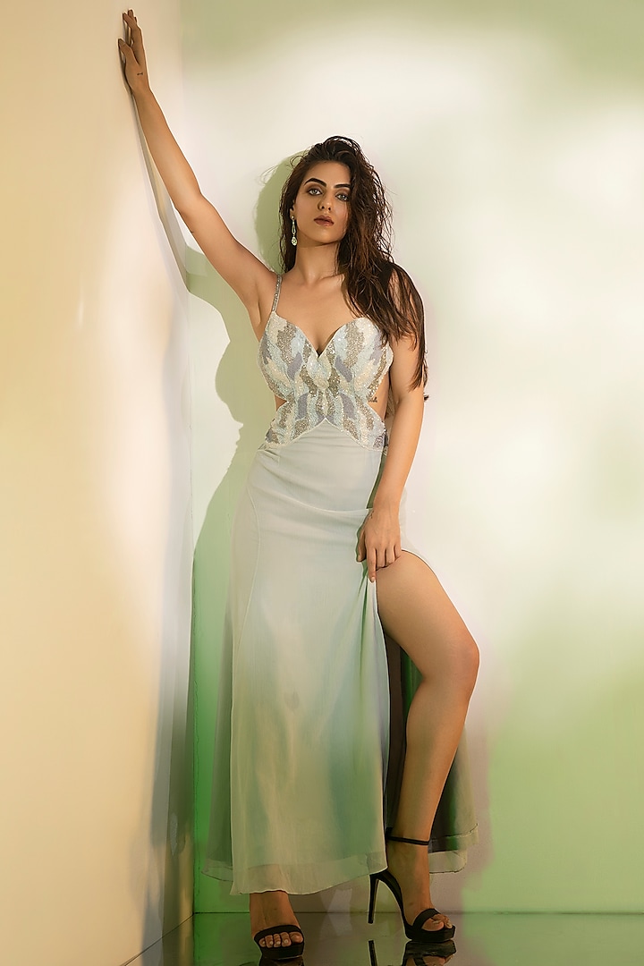 Ice Blue Chinon Embellished Gown by TABEER INDIA