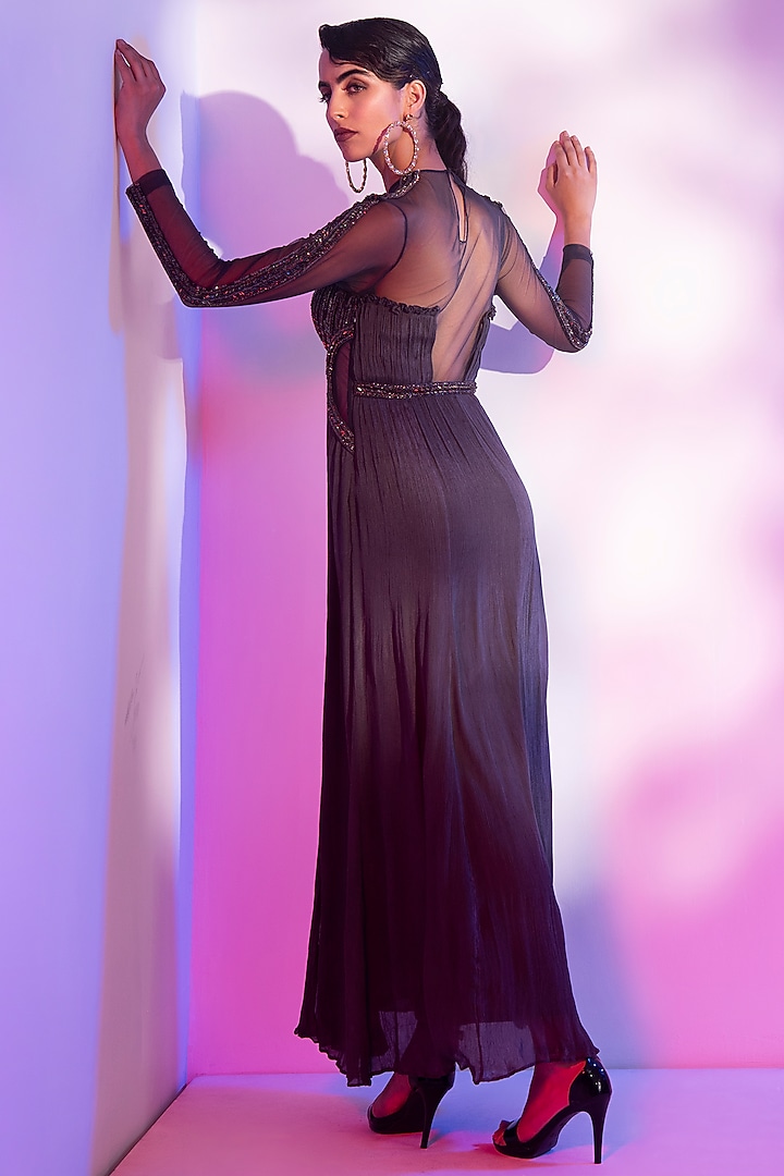 Charcoal Grey Net & Chinon Embellished Engagement Gown by TABEER INDIA at Pernia's Pop Up Shop