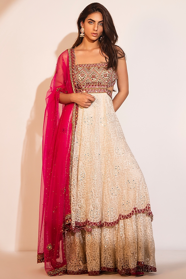 Off-White Net Embroidered Anarkali Set by TABEER INDIA