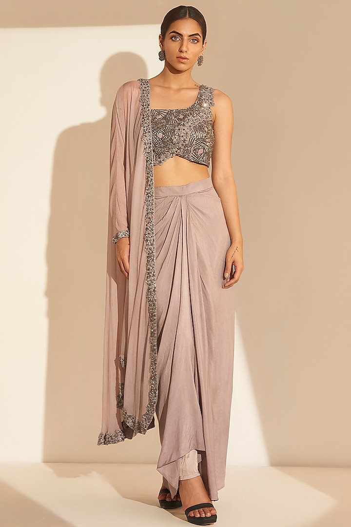 Mouse Grey Silk Hand Embroidered Draped Skirt Set by TABEER INDIA
