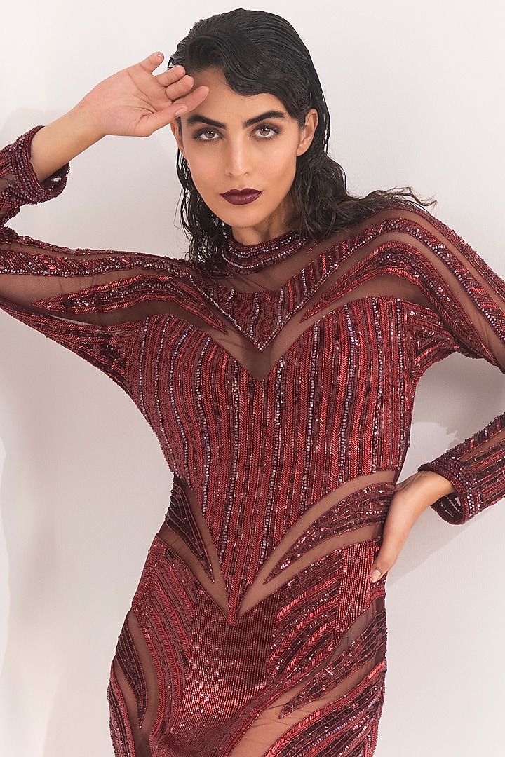 Burgundy Net Embroidered Party Wear Dress by TABEER INDIA at Pernia's Pop Up Shop
