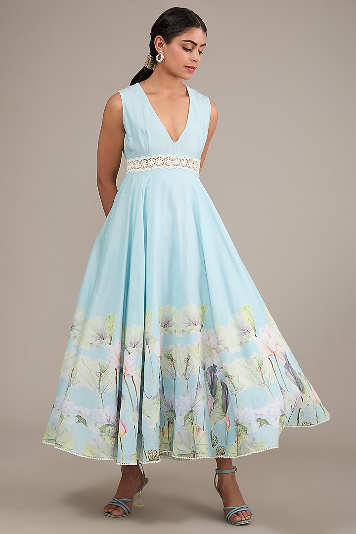 Blue Chanderi Floral Printed Midi Vacation Dress by TABEER INDIA at Pernia's Pop Up Shop